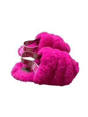 UGG Kids Hot Pink Fuzzy Slides with Branded Strap